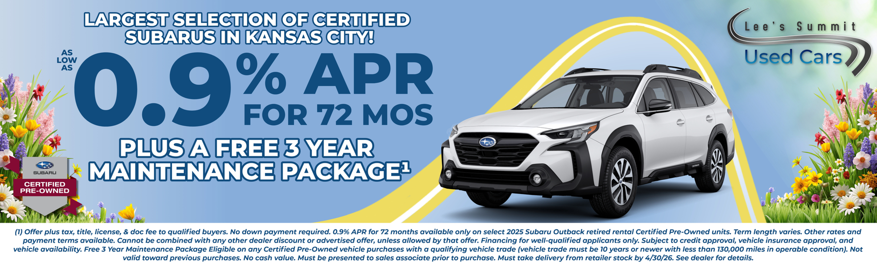 As Low as 0.9% APR and a free 3 year maintenance package on select certified pre-owned subarus at Lee's Summit Used Cars