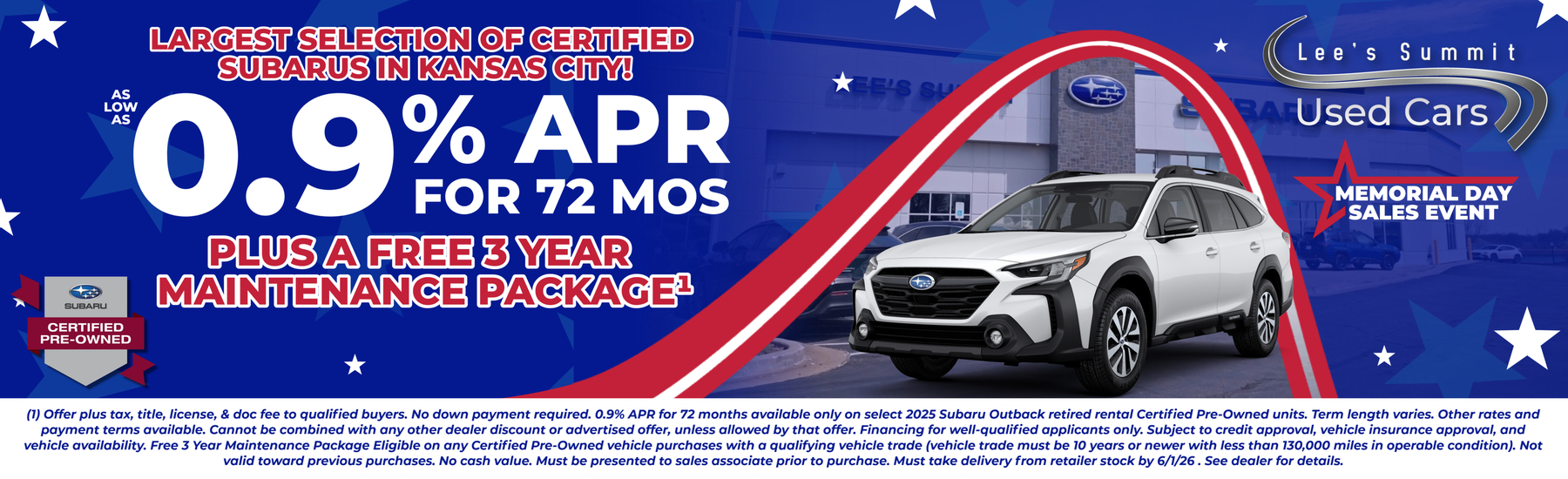 As Low as 0.9% APR and a free 3 year maintenance package on select certified pre-owned subarus at Lee's Summit Used Cars