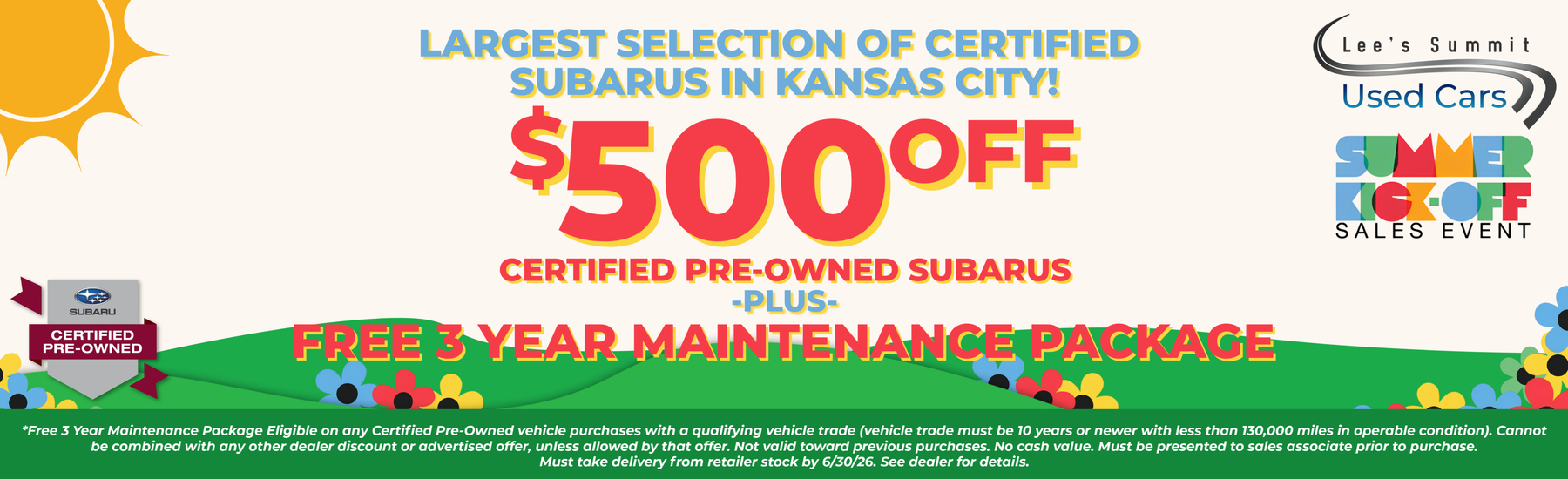 $500 off plus a Free 3 Year Maintenance Package on Certified Pre-owned Subarus at Lee's Summit Used Cars
